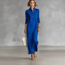 Vestido Isabele com Gola Polo, Listras Laterais e Modelagem Longa.
