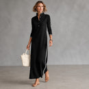 Vestido Isabele com Gola Polo, Listras Laterais e Modelagem Longa.